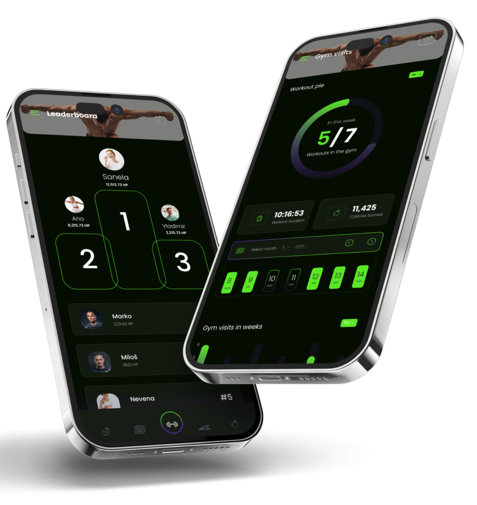 PitGym aplikacija — leaderboard i statistika treninga na dva telefona